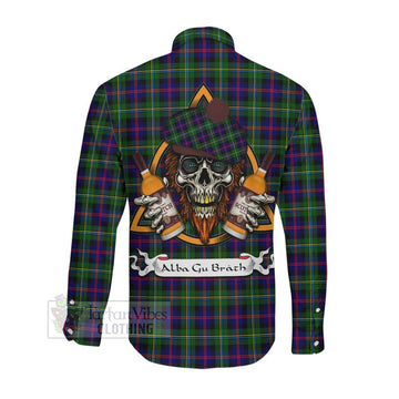 Malcolm Tartan Long Sleeve Button Shirt with Family Crest and Bearded Skull Holding Bottles of Whiskey