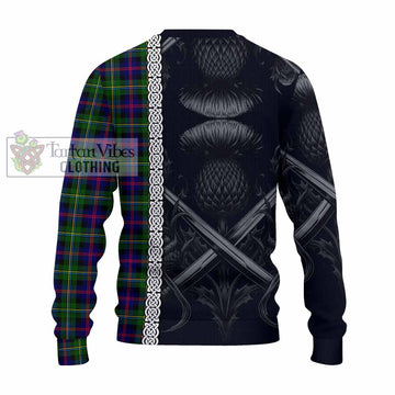 Malcolm Tartan Knitted Sweater with Family Crest Cross Sword Thistle Celtic Vibes