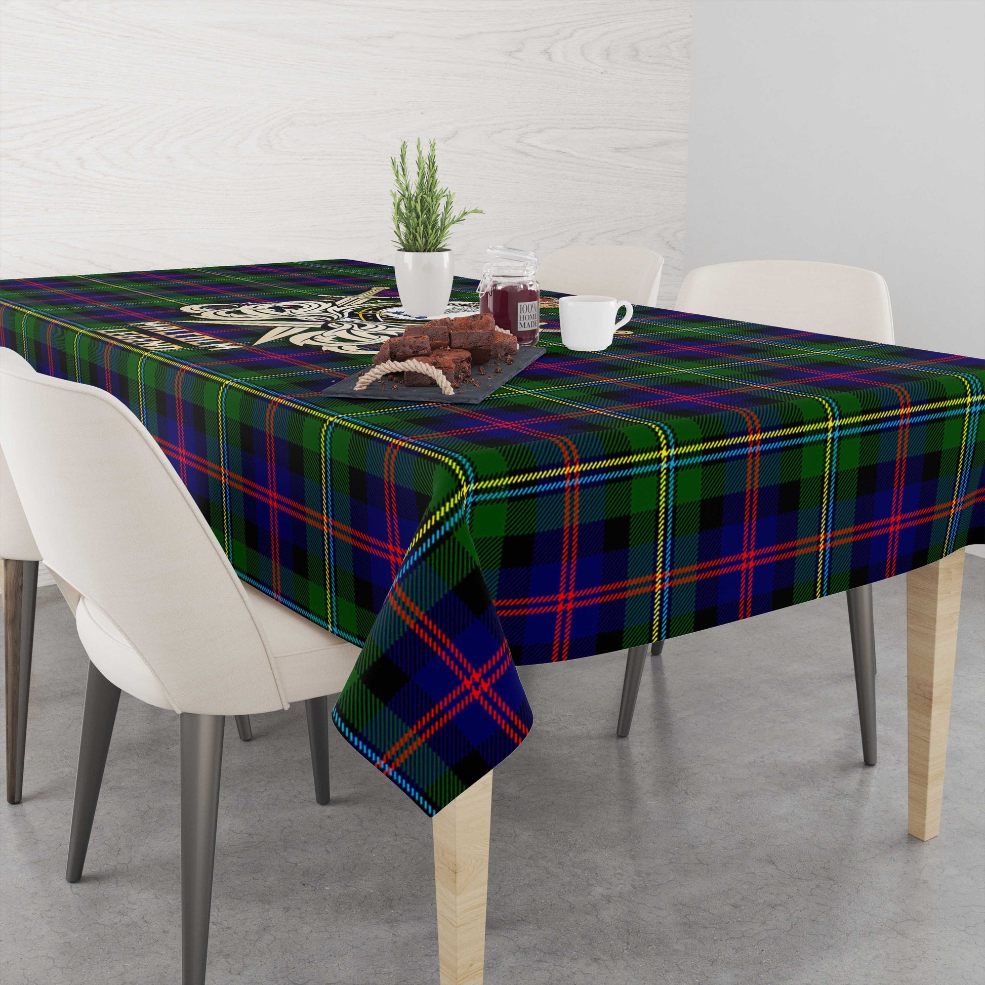 Tartan Vibes Clothing Malcolm Tartan Tablecloth with Clan Crest and the Golden Sword of Courageous Legacy