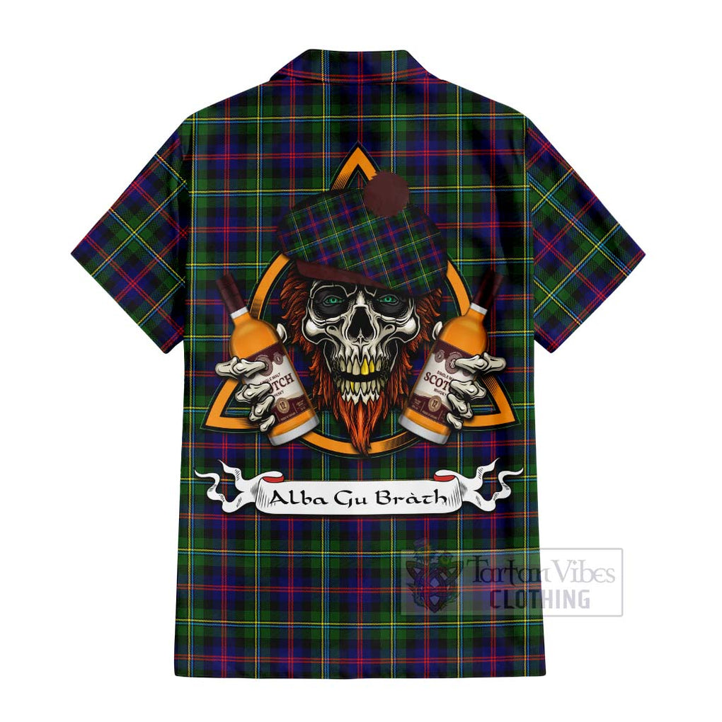 Tartan Vibes Clothing Malcolm Tartan Short Sleeve Button Shirt with Family Crest and Bearded Skull Holding Bottles of Whiskey