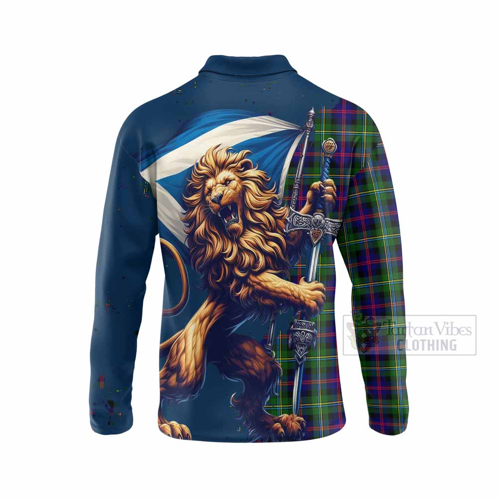 Tartan Vibes Clothing Malcolm Tartan Family Crest Long Sleeve Polo Shirt with Scottish Majestic Lion