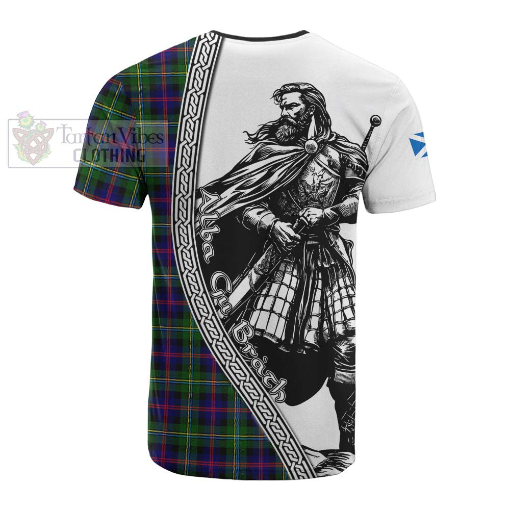 Malcolm Tartan Clan Crest Cotton T-shirt with Highlander Warrior Celtic Style