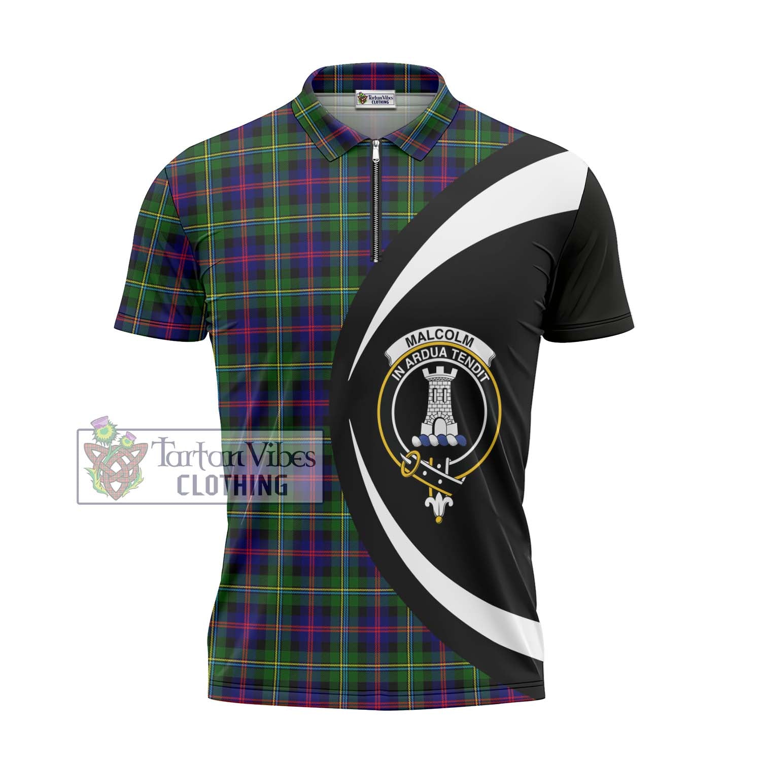 Tartan Vibes Clothing Malcolm Tartan Zipper Polo Shirt with Family Crest Circle Style