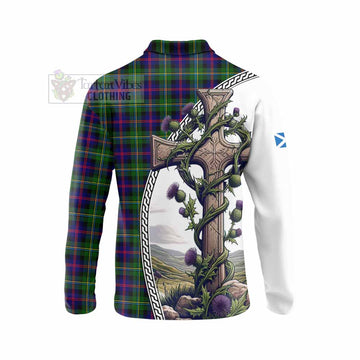 Malcolm Tartan Long Sleeve Polo Shirt with Family Crest and St. Andrew's Cross Accented by Thistle Vines