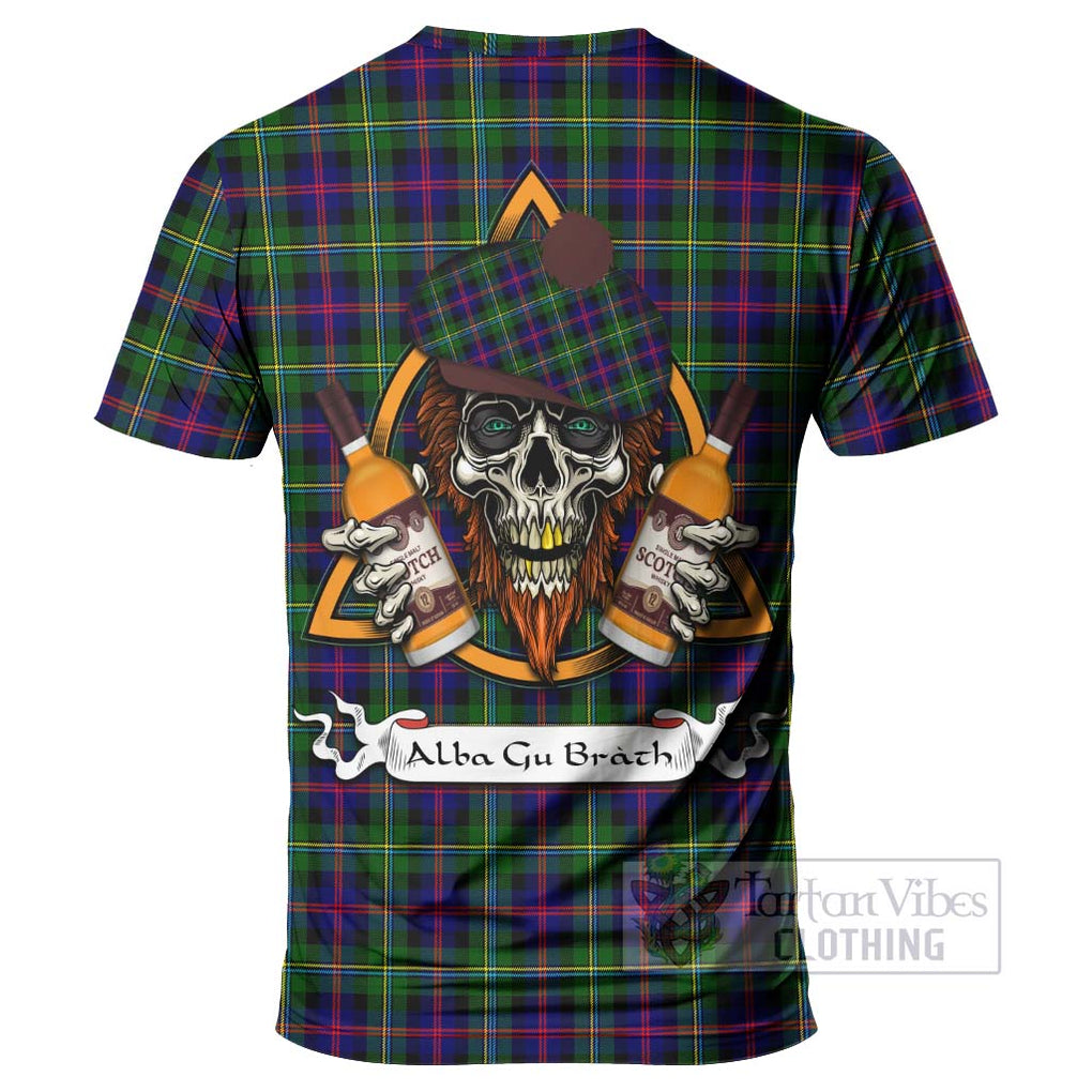 Tartan Vibes Clothing Malcolm Tartan T-Shirt with Family Crest and Bearded Skull Holding Bottles of Whiskey