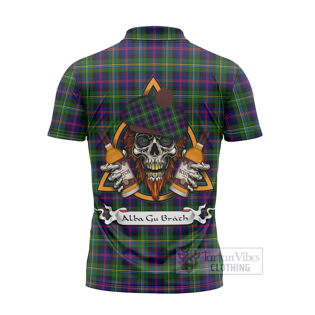 Tartan Vibes Clothing Malcolm Tartan Zipper Polo Shirt with Family Crest and Bearded Skull Holding Bottles of Whiskey