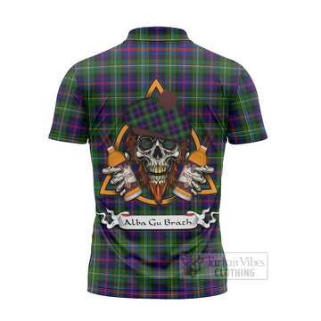 Malcolm Tartan Zipper Polo Shirt with Family Crest and Bearded Skull Holding Bottles of Whiskey