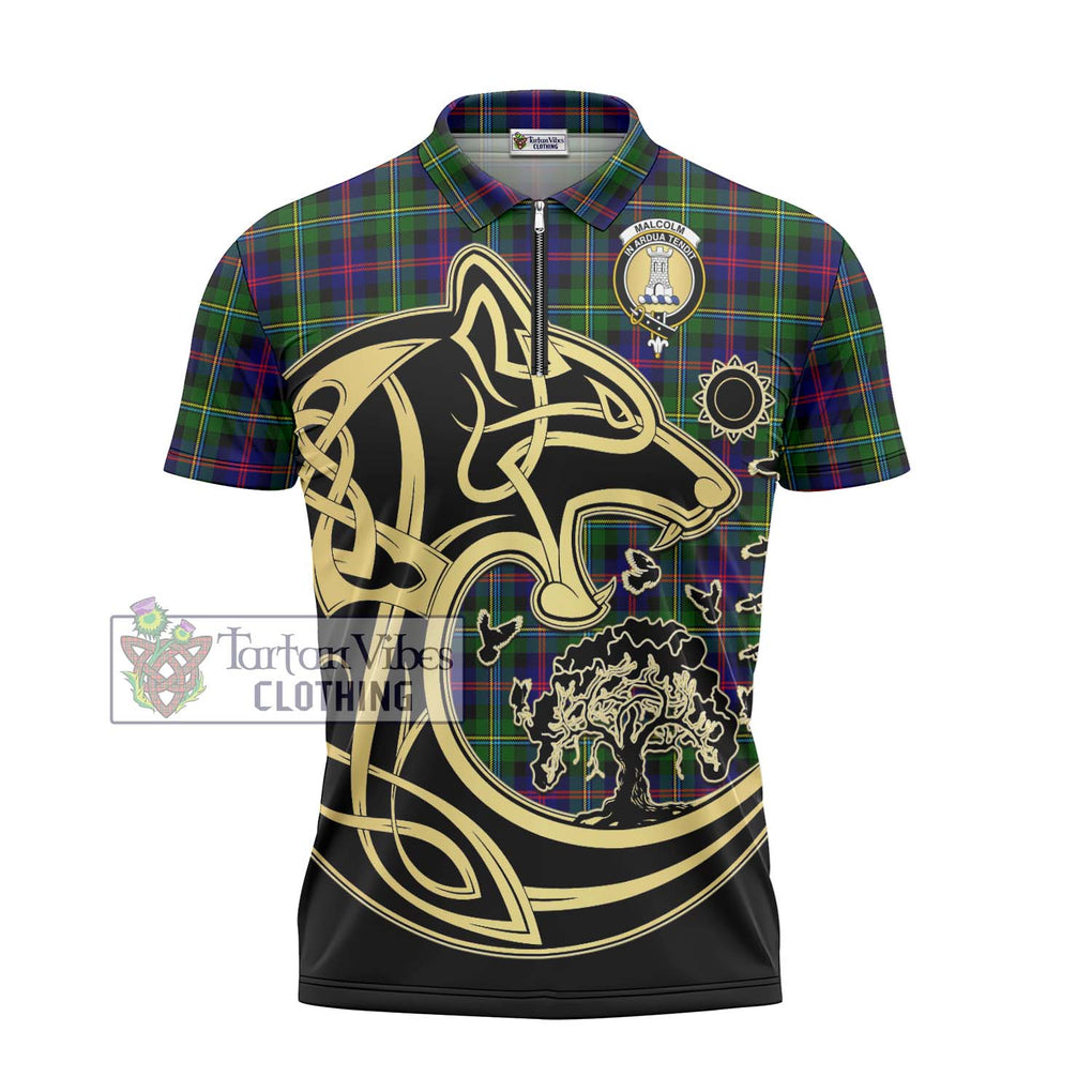 Malcolm Tartan Zipper Polo Shirt with Family Crest Celtic Wolf Style - Tartanvibesclothing Shop