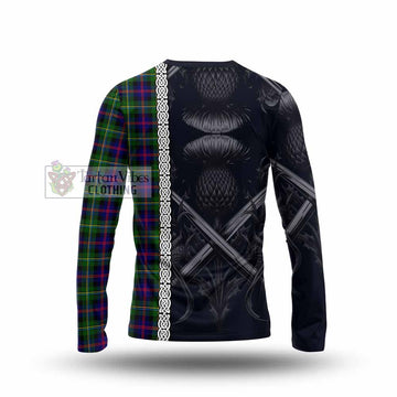 Malcolm Tartan Long Sleeve T-Shirt with Family Crest Cross Sword Thistle Celtic Vibes