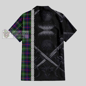 Malcolm Tartan Short Sleeve Button Shirt with Family Crest Cross Sword Thistle Celtic Vibes