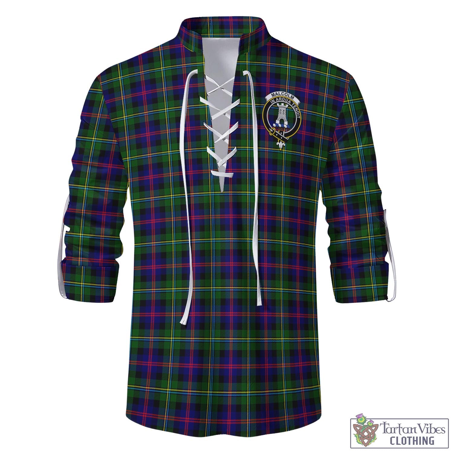 Tartan Vibes Clothing Malcolm Tartan Men's Scottish Traditional Jacobite Ghillie Kilt Shirt with Family Crest