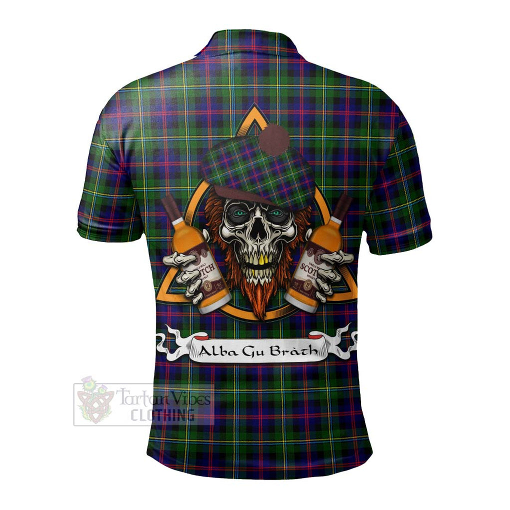 Tartan Vibes Clothing Malcolm Tartan Polo Shirt with Family Crest and Bearded Skull Holding Bottles of Whiskey