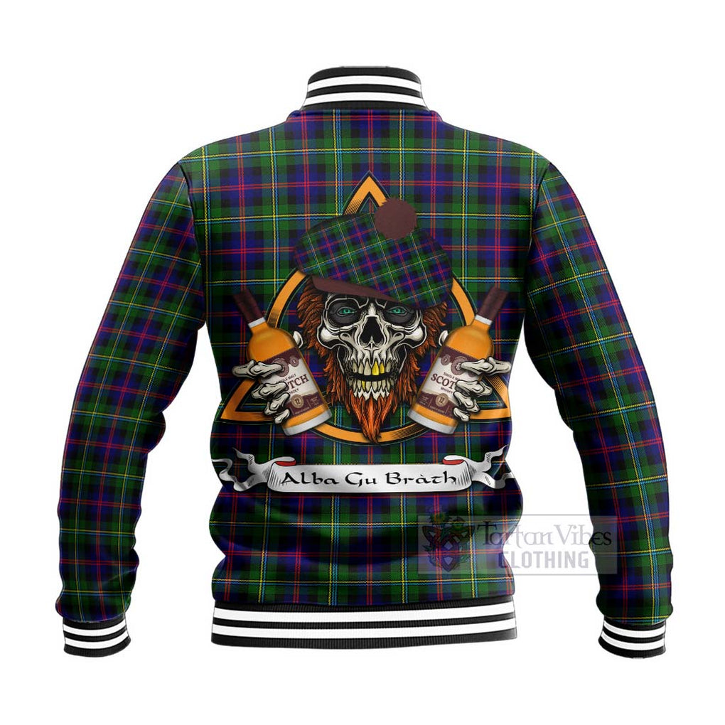 Tartan Vibes Clothing Malcolm Tartan Baseball Jacket with Family Crest and Bearded Skull Holding Bottles of Whiskey