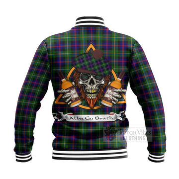 Malcolm Tartan Baseball Jacket with Family Crest and Bearded Skull Holding Bottles of Whiskey