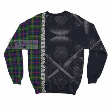 Malcolm Tartan Sweatshirt with Family Crest Cross Sword Thistle Celtic Vibes