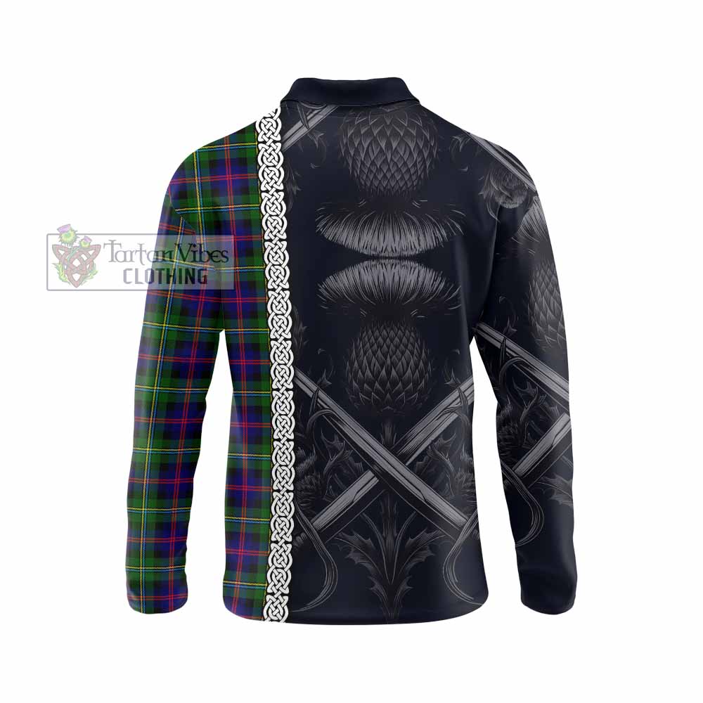 Tartan Vibes Clothing Malcolm Tartan Long Sleeve Polo Shirt with Family Crest Cross Sword Thistle Celtic Vibes