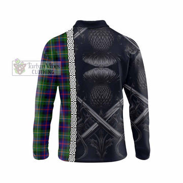 Malcolm Tartan Long Sleeve Polo Shirt with Family Crest Cross Sword Thistle Celtic Vibes