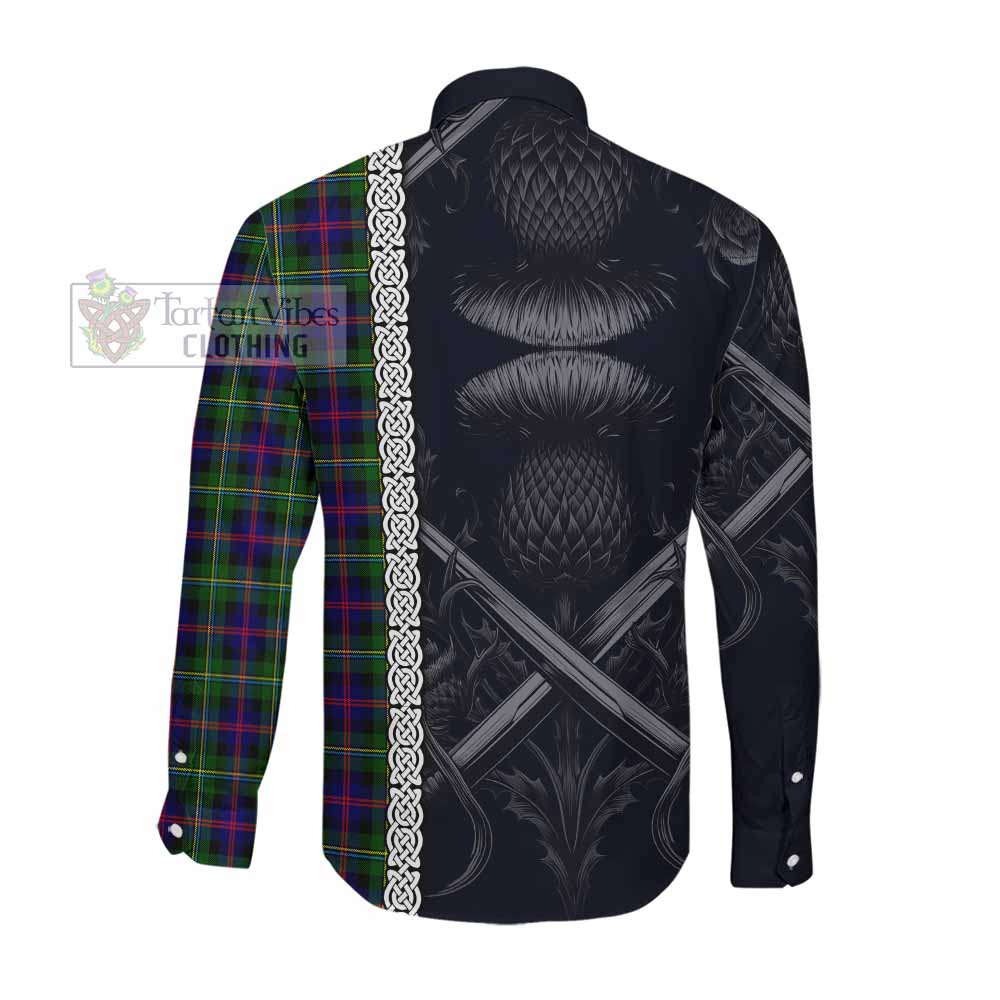 Malcolm Tartan Long Sleeve Button Shirt with Family Crest Cross Sword Thistle Celtic Vibes Men's Shirt - Tartan Vibes Clothing