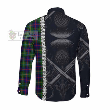 Malcolm Tartan Long Sleeve Button Shirt with Family Crest Cross Sword Thistle Celtic Vibes