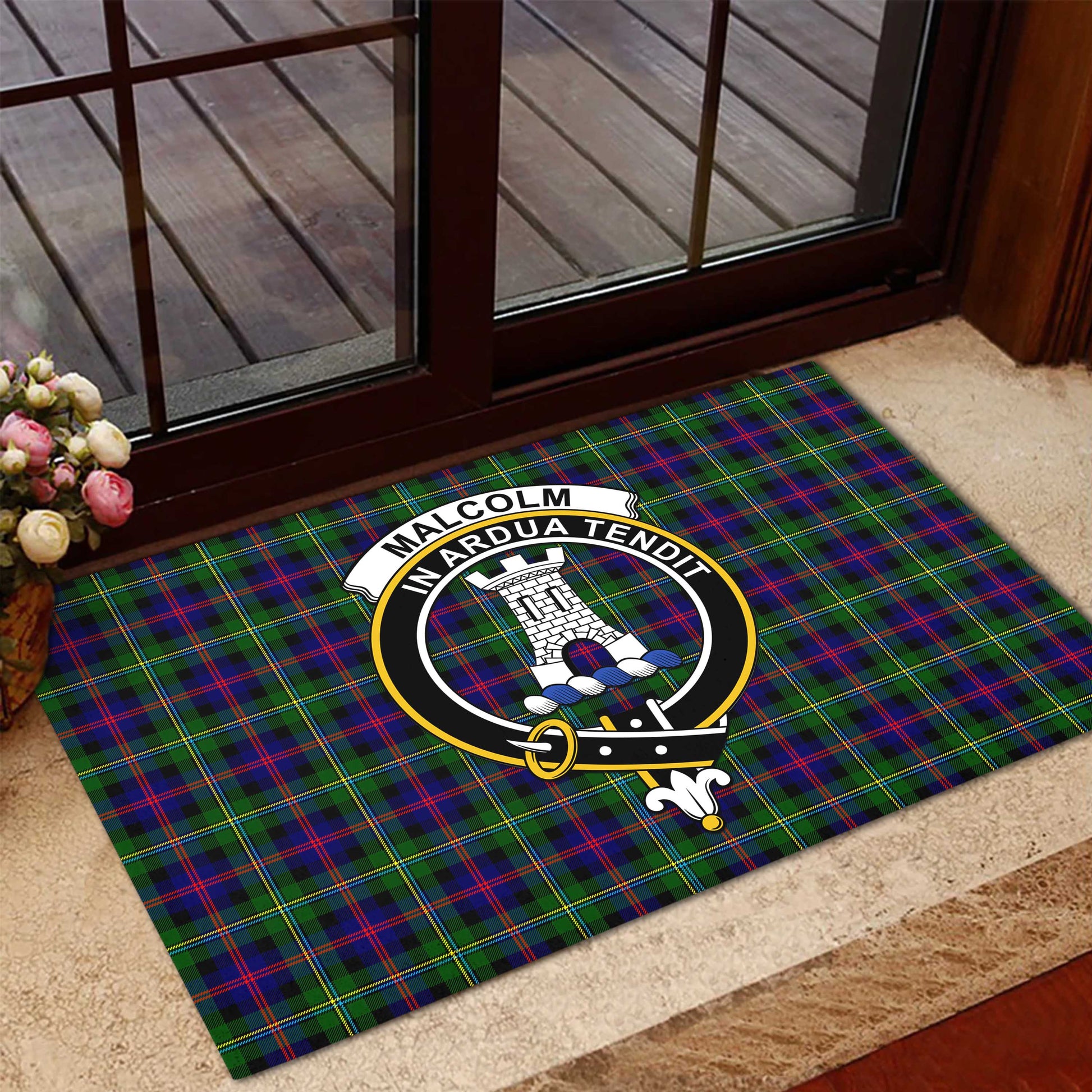 Malcolm Tartan Door Mat with Family Crest - Tartanvibesclothing