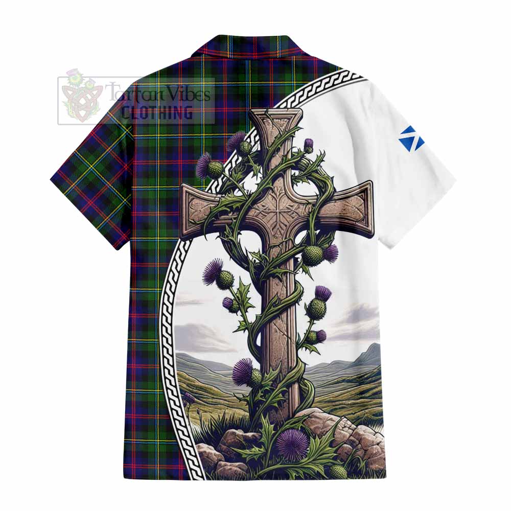 Tartan Vibes Clothing Malcolm Tartan Short Sleeve Button Shirt with Family Crest and St. Andrew's Cross Accented by Thistle Vines