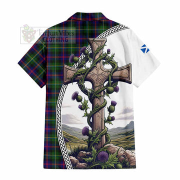 Malcolm Tartan Short Sleeve Button Shirt with Family Crest and St. Andrew's Cross Accented by Thistle Vines