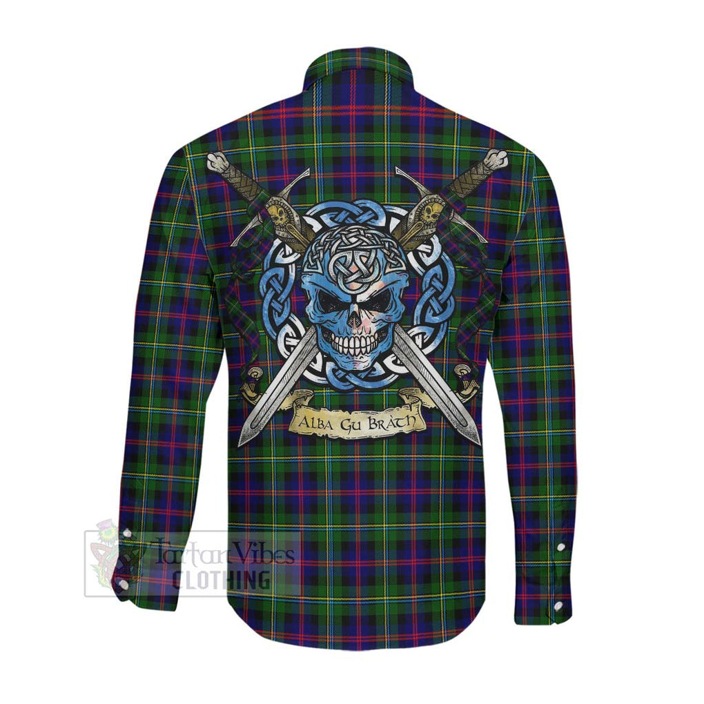 Malcolm Tartan Long Sleeve Button Shirt with Family Crest Celtic Skull Style Men's Shirt - Tartan Vibes Clothing