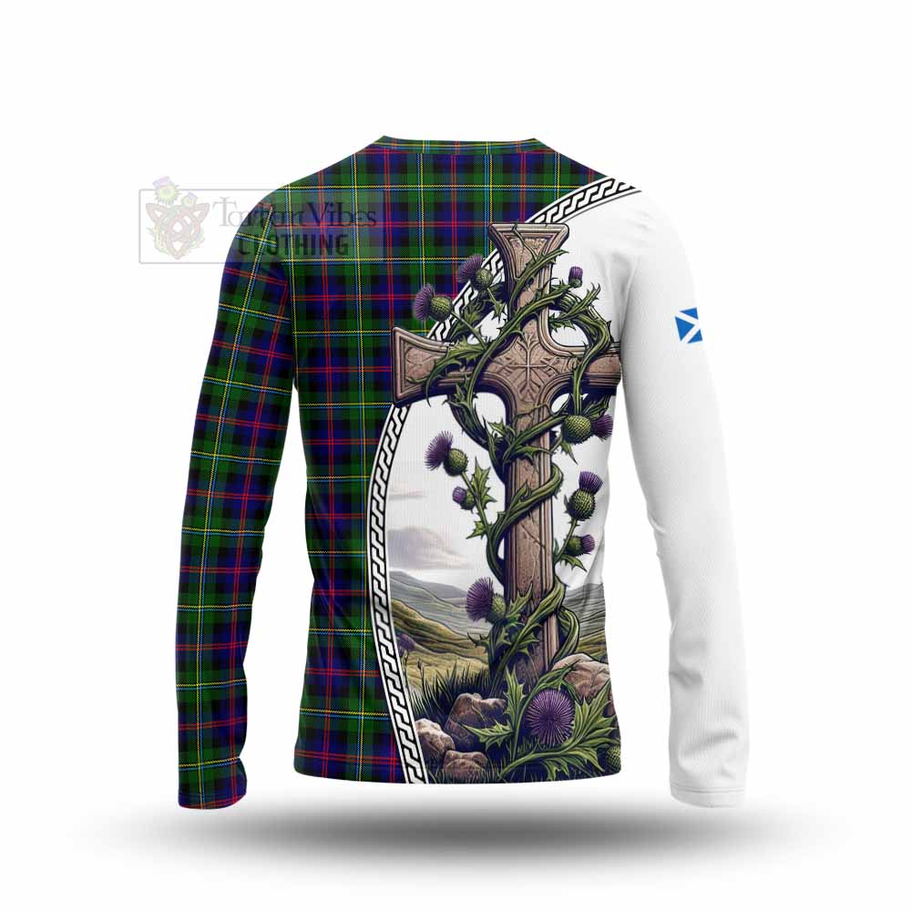 Tartan Vibes Clothing Malcolm Tartan Long Sleeve T-Shirt with Family Crest and St. Andrew's Cross Accented by Thistle Vines