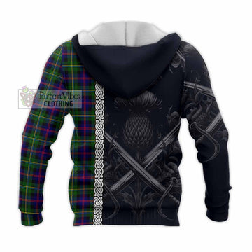 Malcolm Tartan Knitted Hoodie with Family Crest Cross Sword Thistle Celtic Vibes