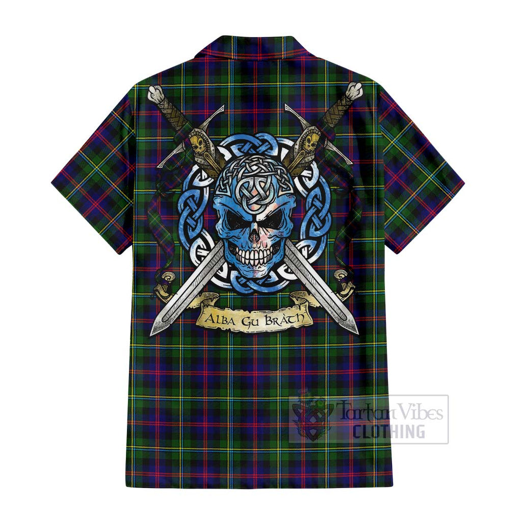 Tartan Vibes Clothing Malcolm Tartan Short Sleeve Button Shirt with Family Crest Celtic Skull Style