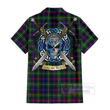 Malcolm Tartan Short Sleeve Button Shirt with Family Crest Celtic Skull Style