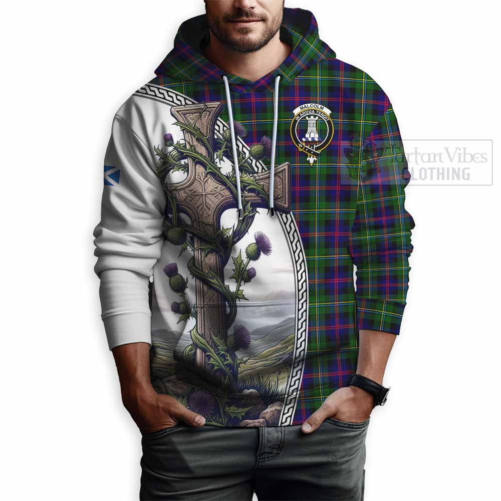 Tartan Vibes Clothing Malcolm Tartan Hoodie with Family Crest and St. Andrew's Cross Accented by Thistle Vines