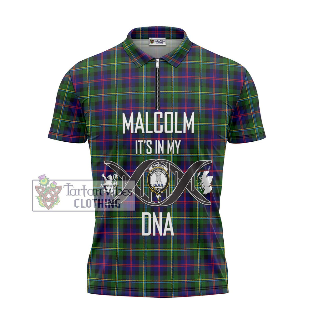 Malcolm Tartan Zipper Polo Shirt with Family Crest DNA In Me Style - Tartanvibesclothing Shop