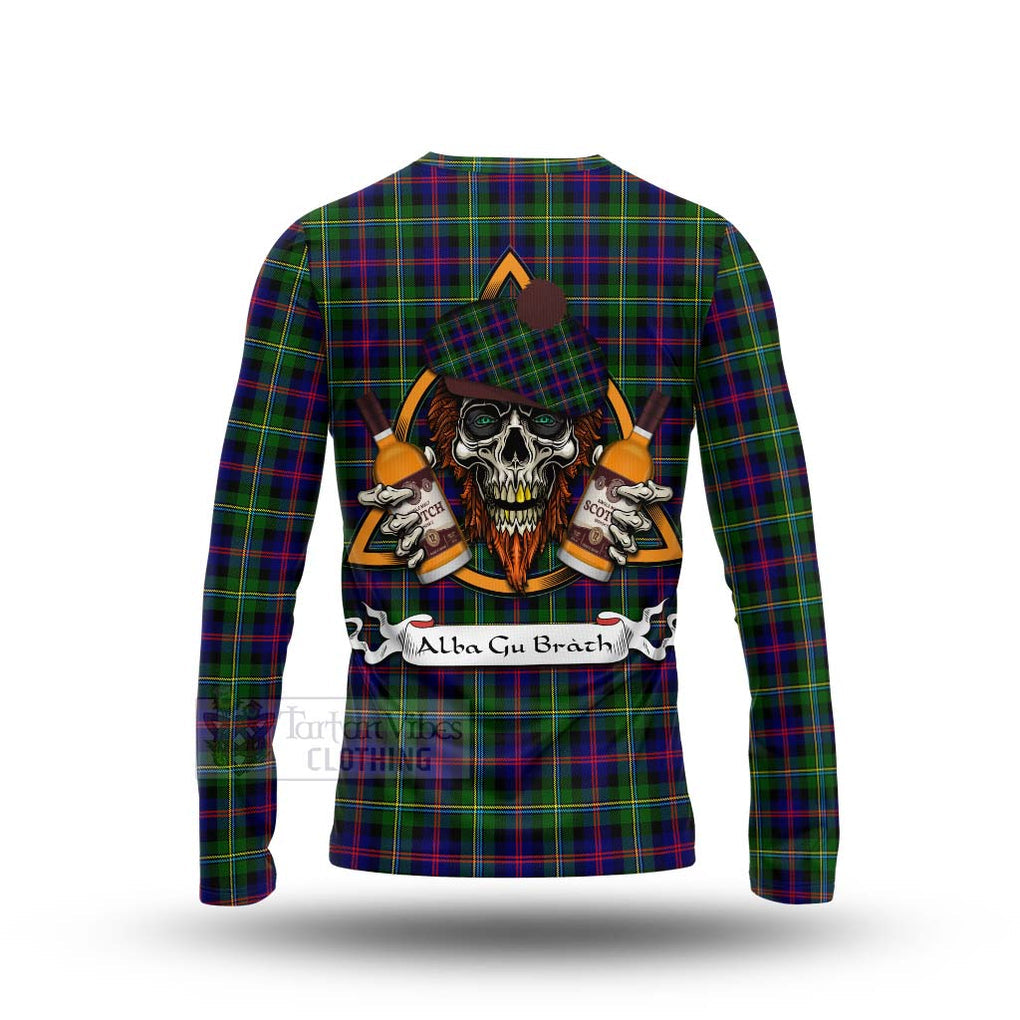 Tartan Vibes Clothing Malcolm Tartan Long Sleeve T-Shirt with Family Crest and Bearded Skull Holding Bottles of Whiskey