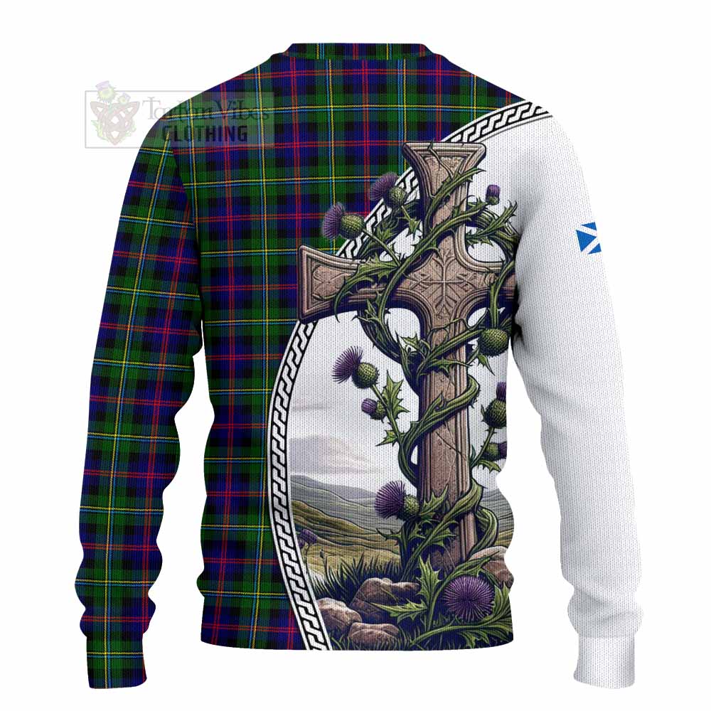 Tartan Vibes Clothing Malcolm Tartan Knitted Sweater with Family Crest and St. Andrew's Cross Accented by Thistle Vines