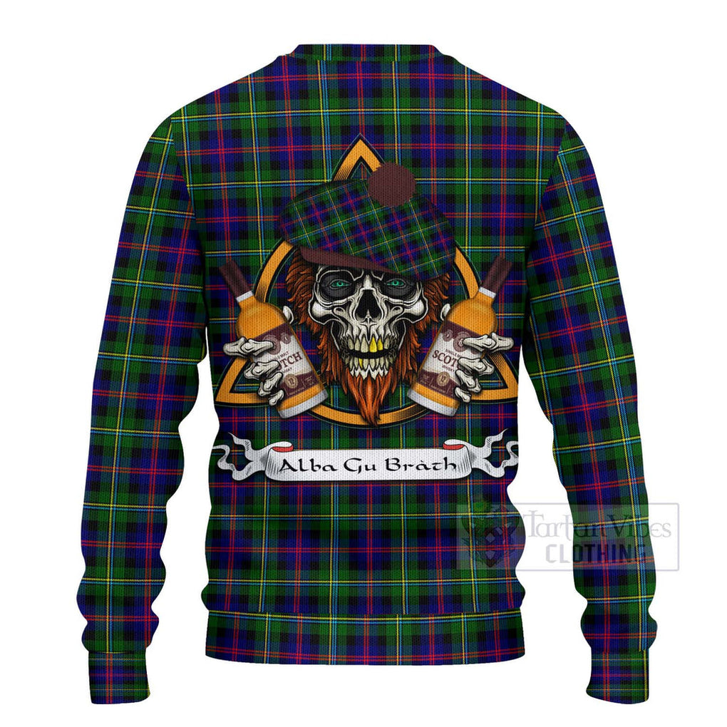 Tartan Vibes Clothing Malcolm Tartan Knitted Sweater with Family Crest and Bearded Skull Holding Bottles of Whiskey