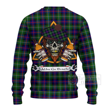 Malcolm Tartan Ugly Sweater with Family Crest and Bearded Skull Holding Bottles of Whiskey