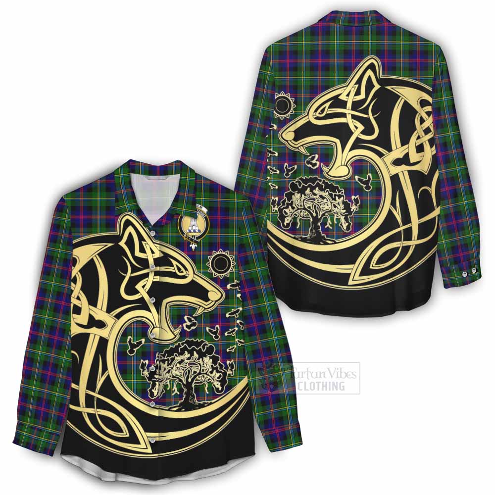 Tartan Vibes Clothing Malcolm Tartan Women's Casual Shirt with Family Crest Celtic Wolf Style