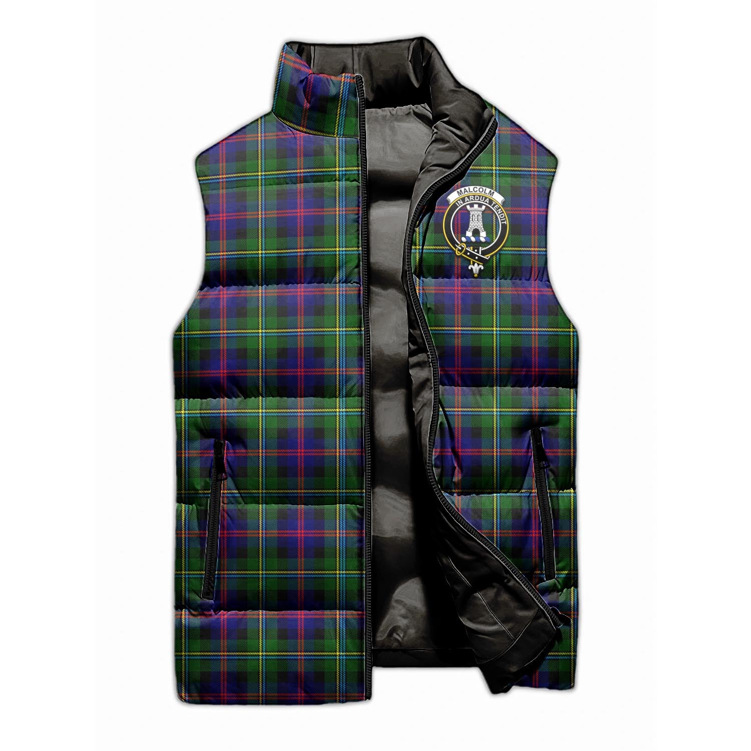 Malcolm Tartan Sleeveless Puffer Jacket with Family Crest - Tartanvibesclothing