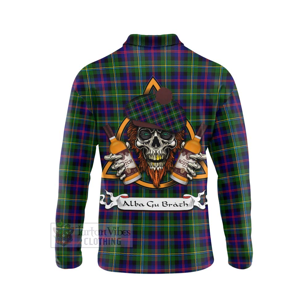 Tartan Vibes Clothing Malcolm Tartan Long Sleeve Polo Shirt with Family Crest and Bearded Skull Holding Bottles of Whiskey