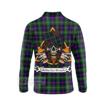 Malcolm Tartan Long Sleeve Polo Shirt with Family Crest and Bearded Skull Holding Bottles of Whiskey