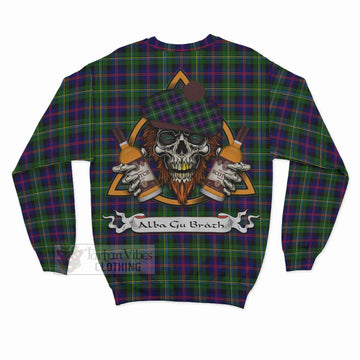 Malcolm Tartan Sweatshirt with Family Crest and Bearded Skull Holding Bottles of Whiskey