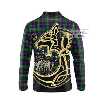 Malcolm Tartan Long Sleeve Polo Shirt with Family Crest Celtic Wolf Style
