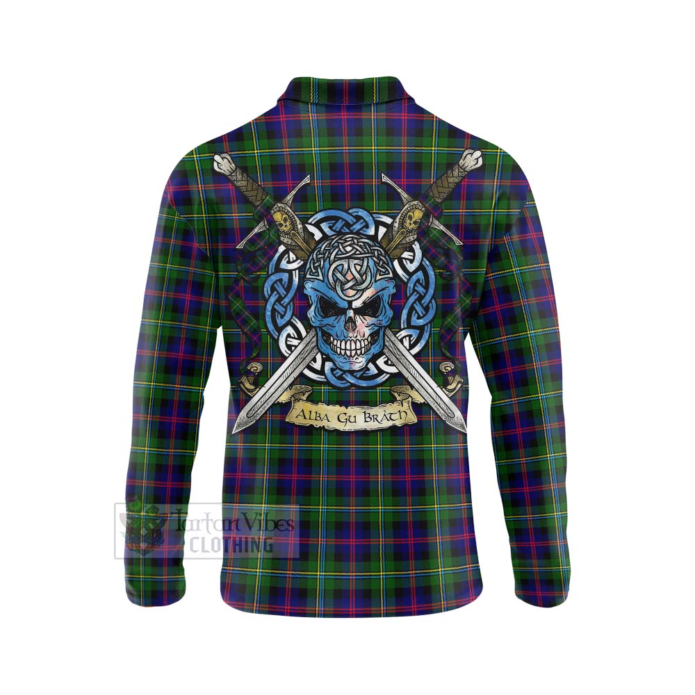 Tartan Vibes Clothing Malcolm Tartan Long Sleeve Polo Shirt with Family Crest Celtic Skull Style