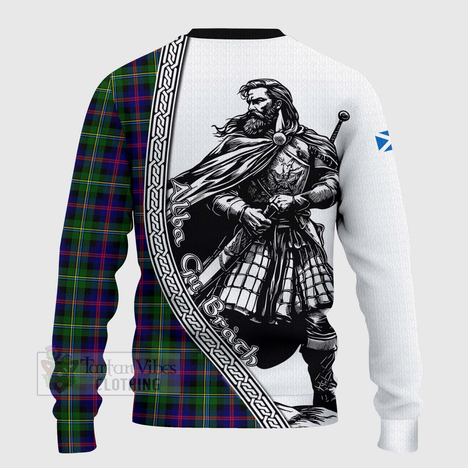 Tartan Vibes Clothing Malcolm Tartan Clan Crest Knitted Sweater with Highlander Warrior Celtic Style