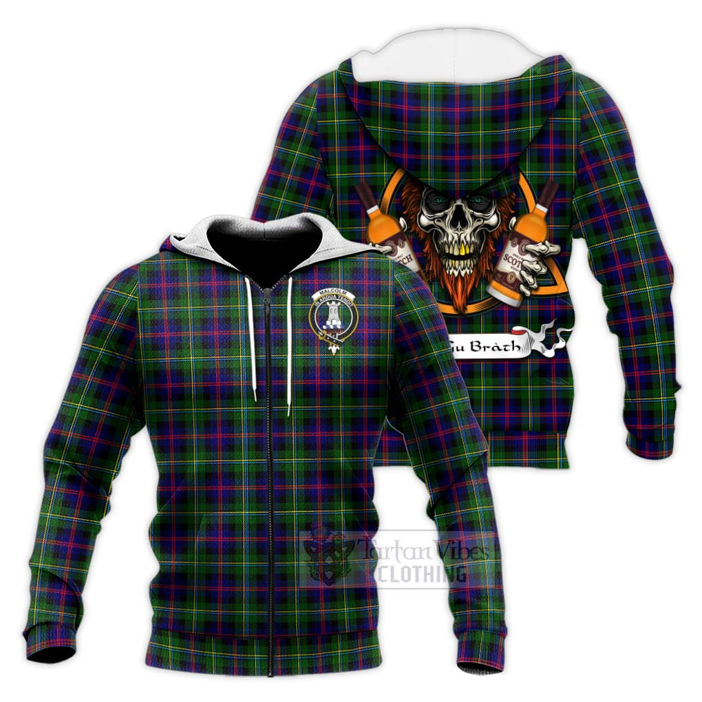 Tartan Vibes Clothing Malcolm Tartan Knitted Hoodie with Family Crest and Bearded Skull Holding Bottles of Whiskey