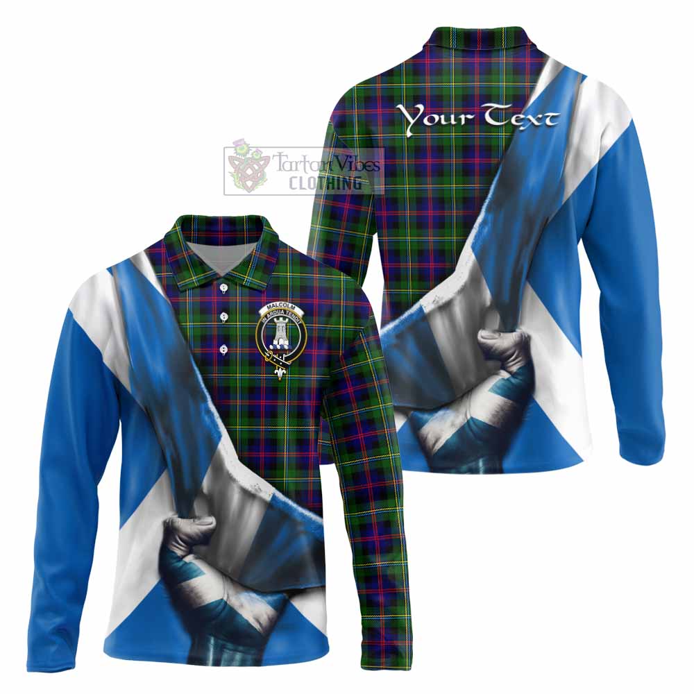 Tartan Vibes Clothing Malcolm Tartan Long Sleeve Polo Shirt with Family Crest Scotland Patriotic Style