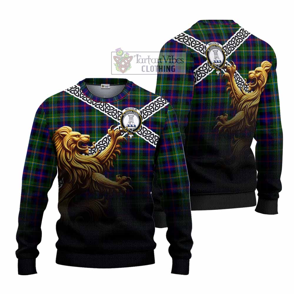 Malcolm Crest Tartan Knitted Sweater with Golden Lion Emblem Celtic Style - Tartan Vibes Clothing