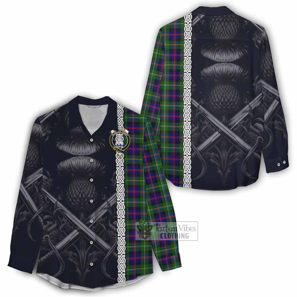 Tartan Vibes Clothing Malcolm Tartan Women's Casual Shirt with Family Crest Cross Sword Thistle Celtic Vibes