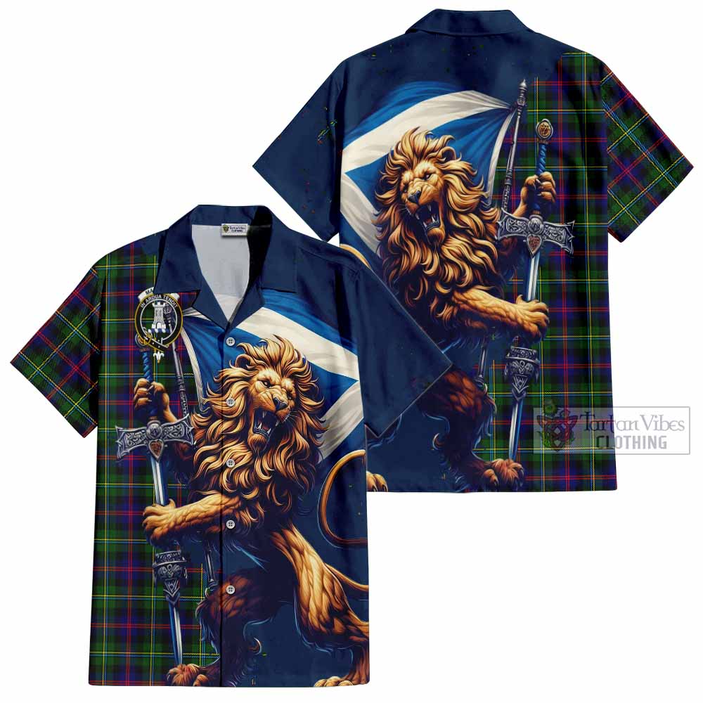 Tartan Vibes Clothing Malcolm Tartan Family Crest Short Sleeve Button Shirt with Scottish Majestic Lion